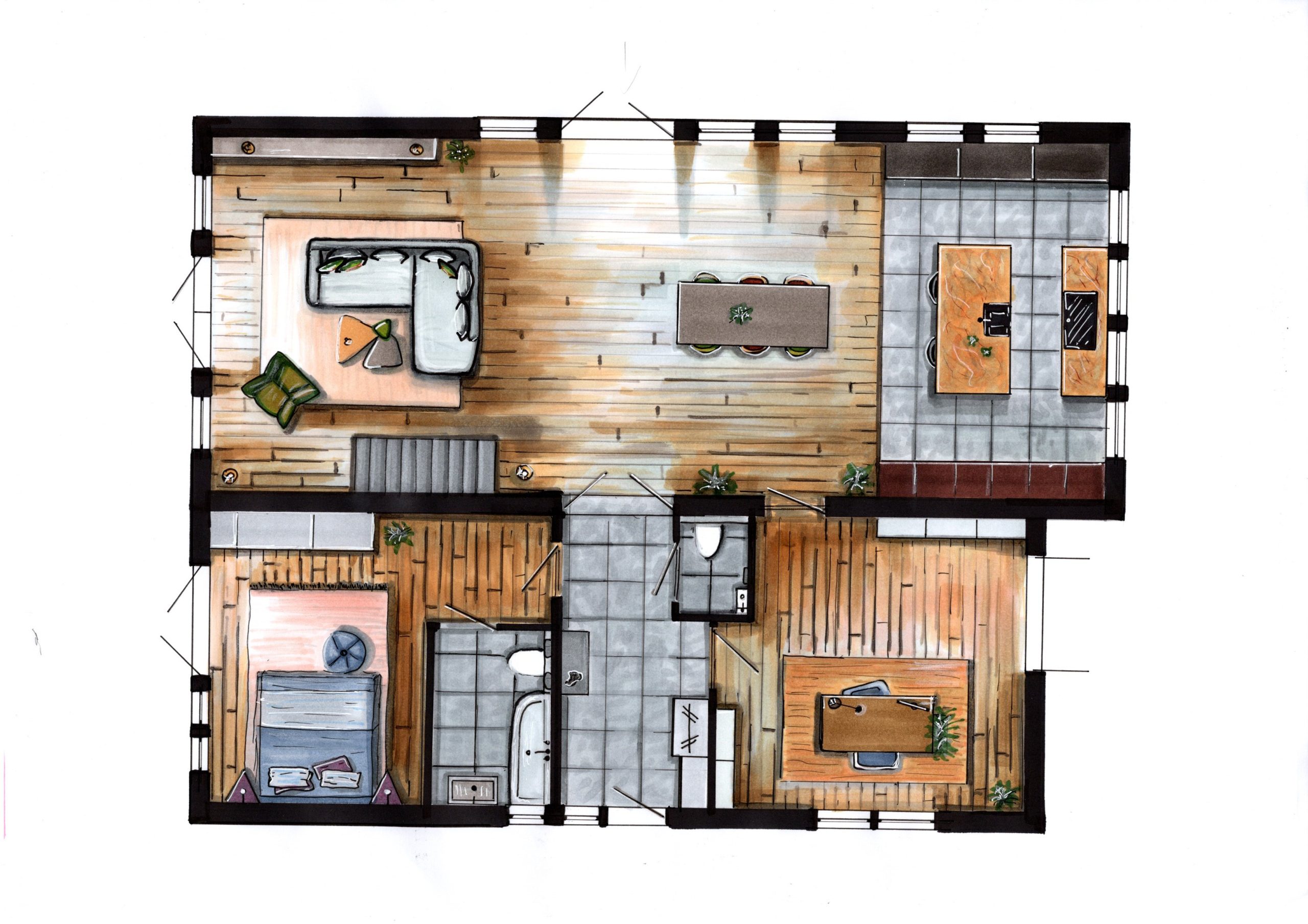 Handgetekende plattegrond Interieursketch kleur met markers